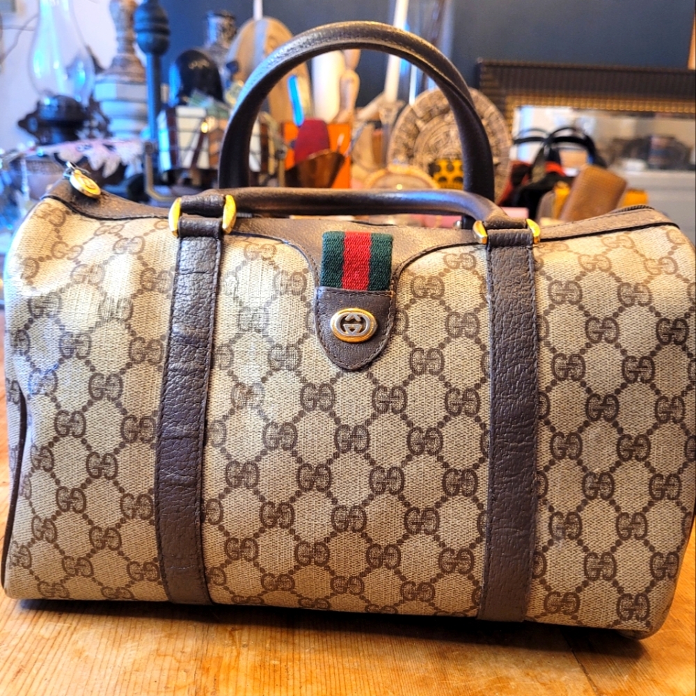 GUCCI Canvas Web Sherry Line Boston Vintage Bag
